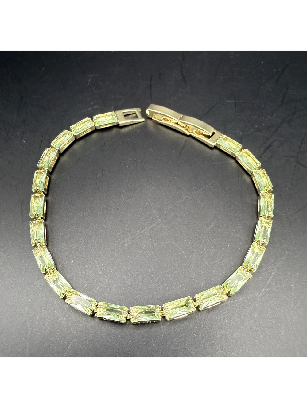 candy+clover light green peridot baguette bamboo gold tone tennis bracelet